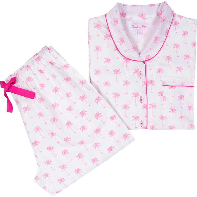 Pyjama Set Palm Pajamas Women's Pink Palm Tree Cotton Long PJ Set