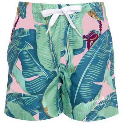 Kids Martinique® Green + Pink Banana Leaf Swim Shorts