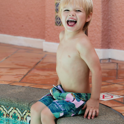 Kids Martinique® Green + Pink Banana Leaf Swim Shorts