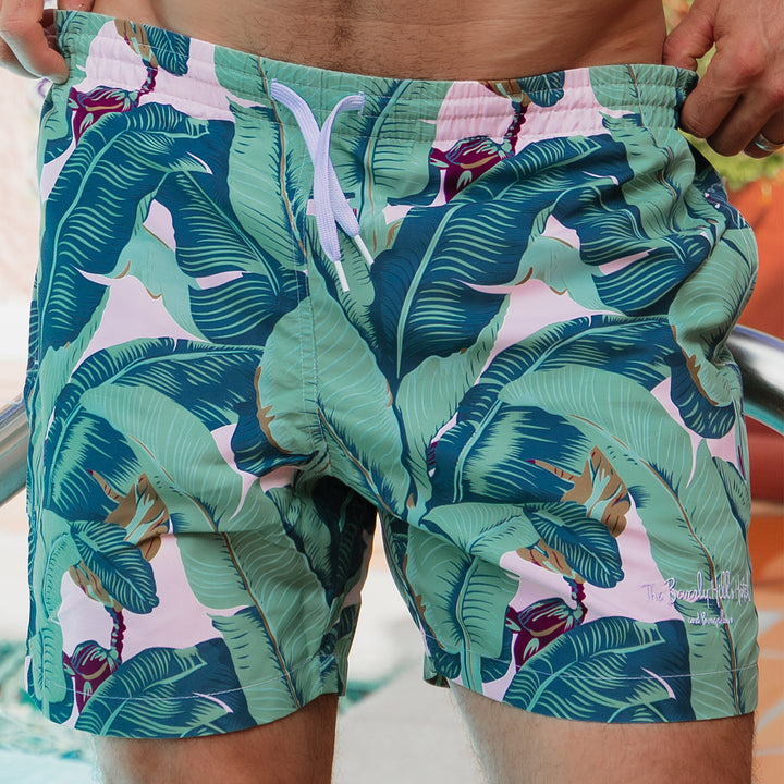 Men's Martinique® Green + Pink Banana Leaf Swim Shorts - 5.75