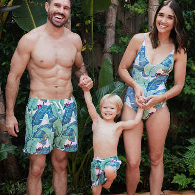 Kids Martinique® Green + Pink Banana Leaf Swim Shorts