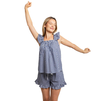 Women's Hepburn Gingham Navy Frill Tank PJ Set