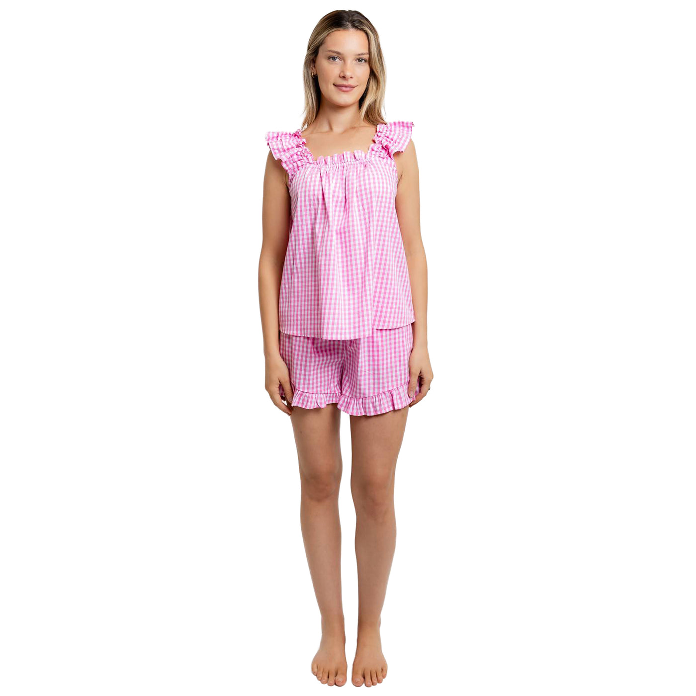 Women's Hepburn Gingham Pink Frill Tank PJ Set