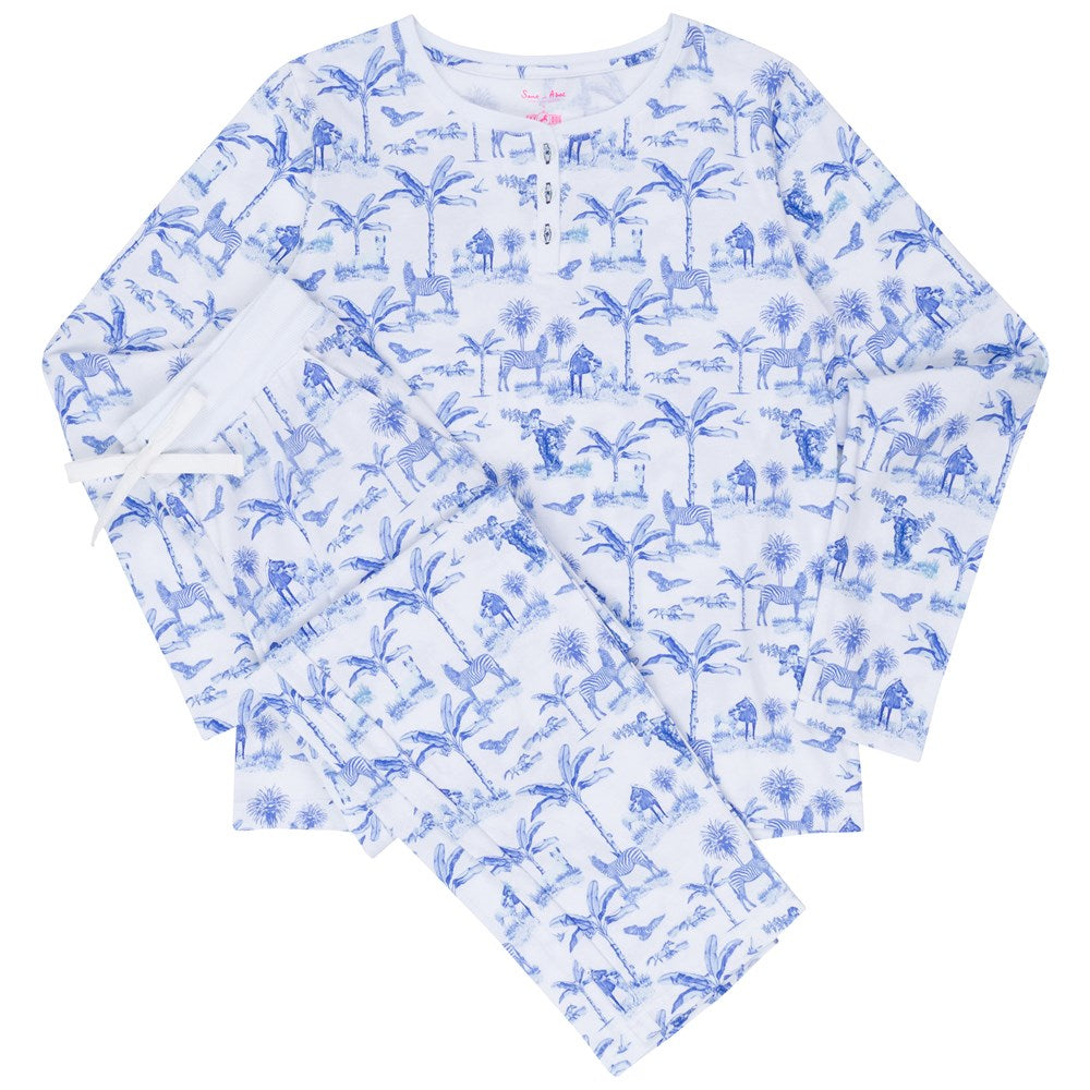 Women's Skydog Toile Blue Jersey Long PJ Set