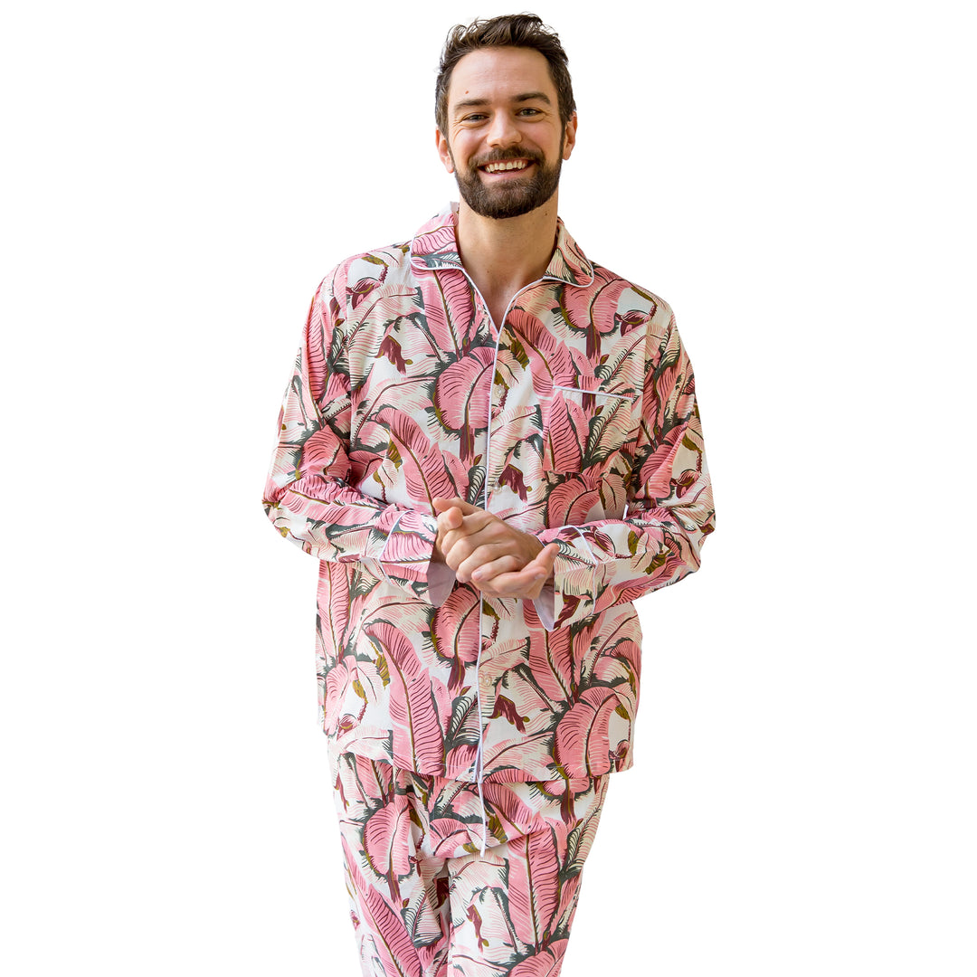 Men s Pink Martinique AE Banana Leaf PJ Set Cotton Pajamas Sant and Abel