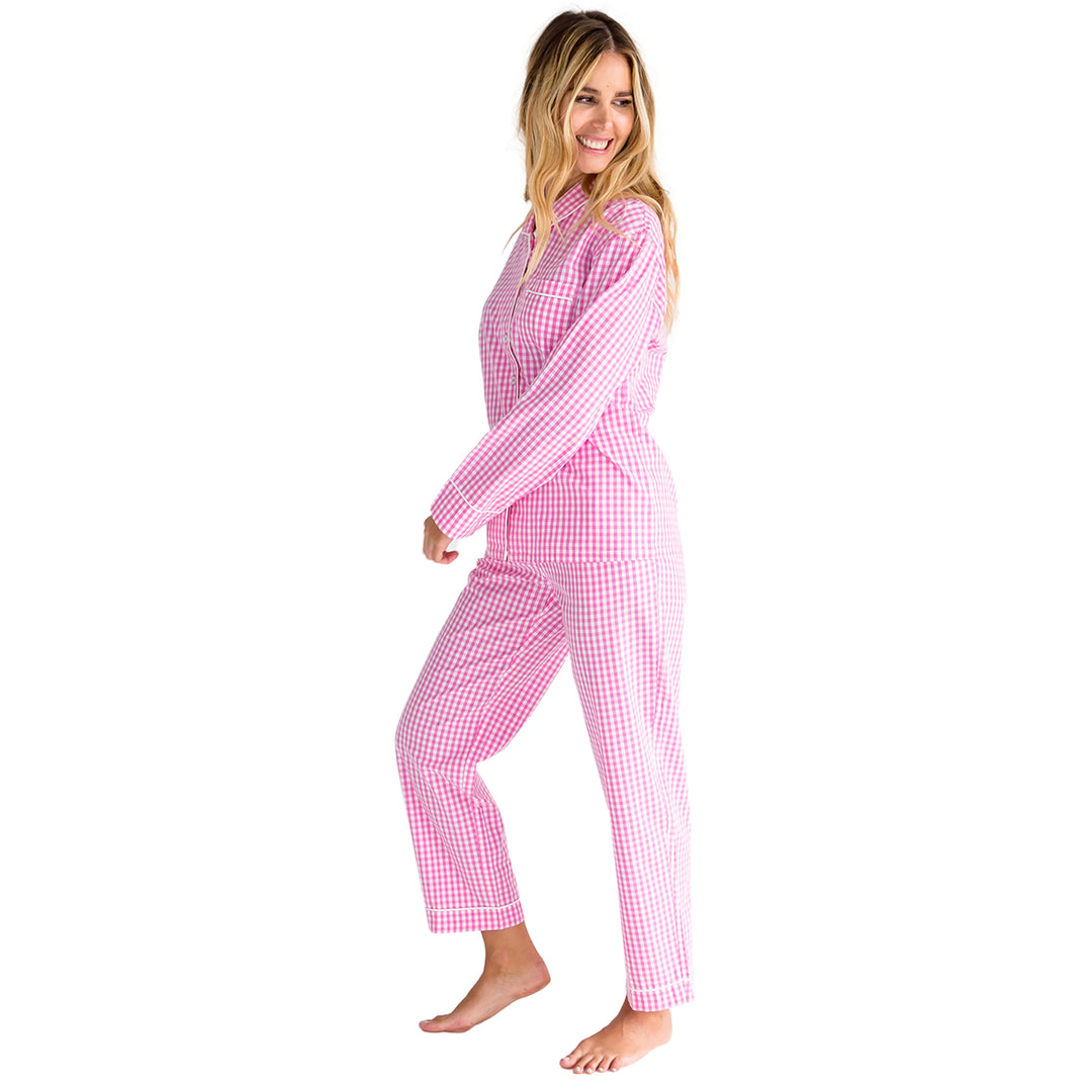 Women's Gingham Pink Long PJ Set | Pure Cotton Pajamas