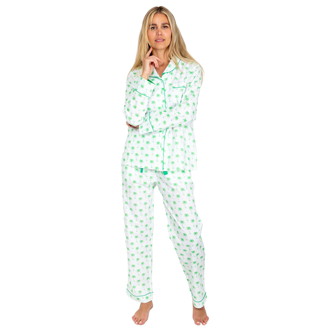 Women's Green Palm Tree PJ Pant Set | Pure Cotton PJs | Sant